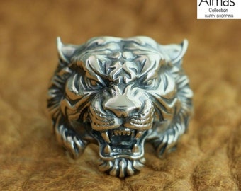 Sterling Silber Tiger Ring, handgemachter Schmuck, 3D Big Cat Bling Schmuck, Tier Sterling Silber Ring, Chunky Tiger Ring, Biker Silber Ring