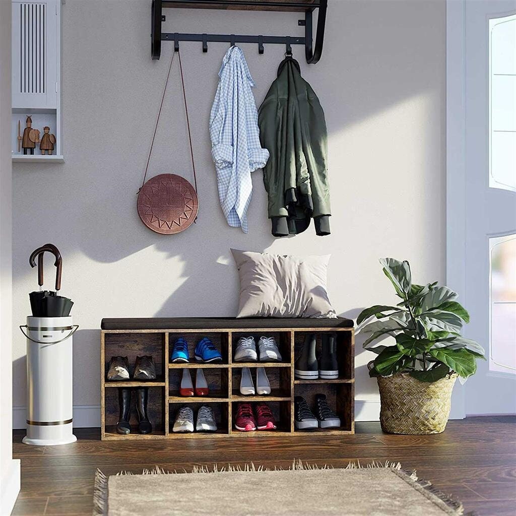 Entryway Shoe Bench Rack with Low High Soft Cushion Seats Industrial Storage Rack with Seat for Small Spaces Foyer Hallway 