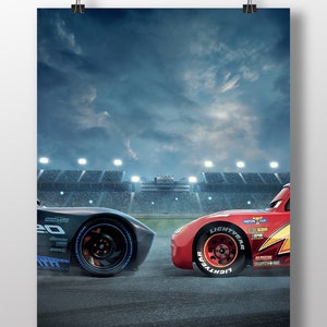 May include: A red racing car with the words "LIGHTYEAR" and "PISTON CUP" on the side, and a black racing car with the words "SPEED" and "PISTON CUP" on the side, facing each other on a race track.