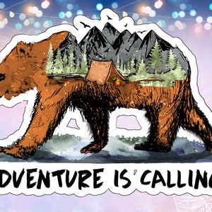 May include: A watercolor illustration of a brown bear with a mountain scene inside its body. The bear is walking and the text "Adventure is calling" is below it.