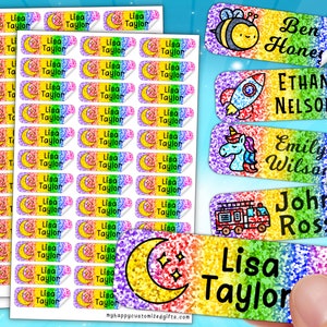 100 Best Rainbow Sparkle Namensetiketten | Perfekter 4Er Kita und Schule Personalisierte Sticker | Regenbogen Kinder Holographic Label Pack | Wasserdicht