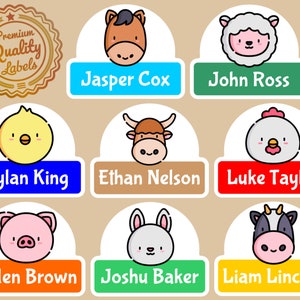 Cute Custom Name - 32 x Premium Label | Farm Animals Mix | Perfect Kids Daycare & School Supplys Tag Labels | KDS12 - # Waterproof Labels