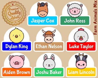 Cute Custom Name - 16 x Premium Label | Farm Animals Mix | Perfect Kids Daycare & School Supplys Tag Labels | KDS12 - # Waterproof Labels