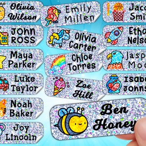 16/30/50/100 x Personalizzato Olografico Sparkle Name Daycare and School Suppliess Tag Labels / Cute Children's Name Label Pack / Impermeabile