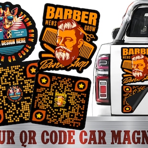 May include: A set of three car magnets featuring a barber shop theme. The magnets are black with orange and yellow accents. One magnet features a QR code, another features a cartoon barber with the text "Barber Mens Grow Bar Shop", and the third magnet features a similar design with the text "Barber Mens Grow Bar Shop". The magnets are designed to be placed on a car.