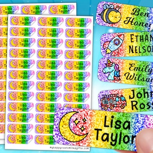 Best Rainbow Sparkle Namensetiketten | Perfekter 4Er Kita und Schule Personalisierte Sticker | Regenbogen Kinder Holographic Label Pack | Wasserdicht