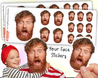 May include: A set of 12 round stickers featuring a person's face with a surprised expression. The stickers are white with a black border and the text "Your Face Stickers" is printed below the stickers.
