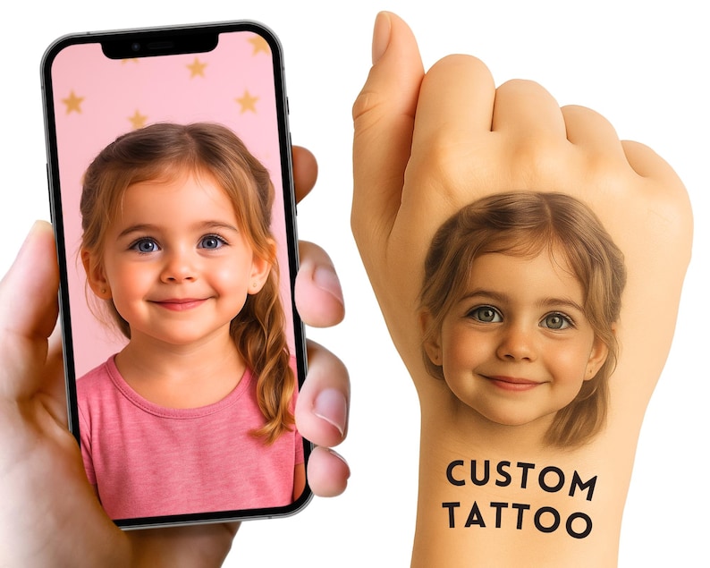 May include: A smartphone displaying a portrait of a young child with light brown hair wearing a pink shirt against a star-patterned background, alongside a temporary tattoo of the same child's face with the black text CUSTOM TATTOO below it.