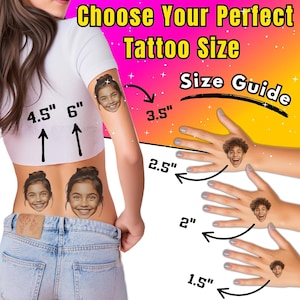 May include: Image showing a size guide for temporary tattoos. The guide features examples of tattoo sizes ranging from 1.5 inches to 6 inches, with arrows indicating the measurements. The text "Choose Your Perfect Tattoo Size" is displayed at the top.
