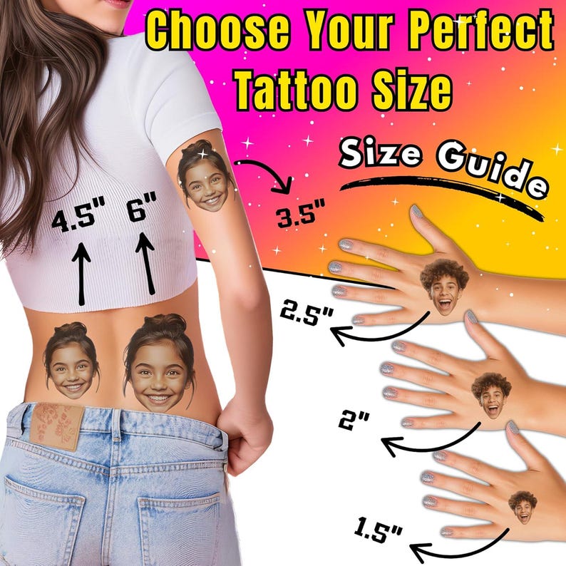 May include: Image showing a size guide for temporary tattoos. The guide features examples of tattoo sizes ranging from 1.5 inches to 6 inches, with arrows indicating the measurements. The text "Choose Your Perfect Tattoo Size" is displayed at the top.
