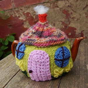 Knitted Cottage Tea Cosy: Hand Embroidered Flowers, Fits Teapot for One or Two