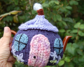 Hand Knitted Cottage Tea Cosy: Embroidered Acrylic Yarn, Fits 1 or 2 Cup Teapot
