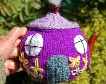 Hand Knitted Cottage Tea Cosy: Embroidered One/Two Cup Teapot Cover