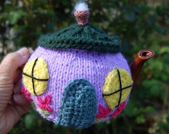Hand Knitted small Cottage Tea Cosy: Embroidered Acrylic Yarn Teapot Cover
