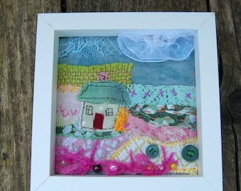 Textile landscape. Sunrise Cottage on the Hill. Hand #stitched onto Recycled fabric pieces.
