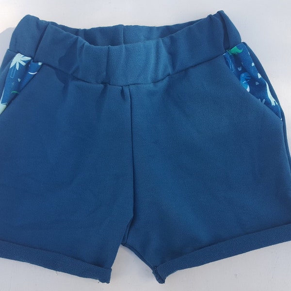 short garçon bleu pétrole motifs dinosaure fait main taille 18 mois 12 ans