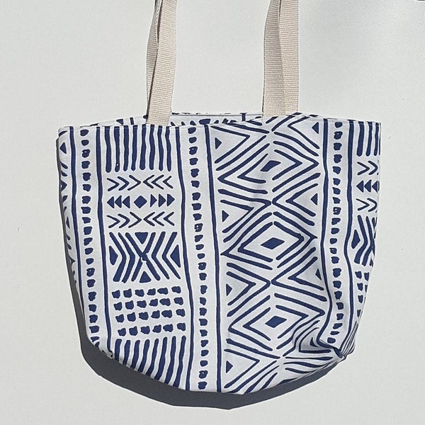 sac de plage ethnique bleu et écru/cabas de plage/ extérieur intérieur coton