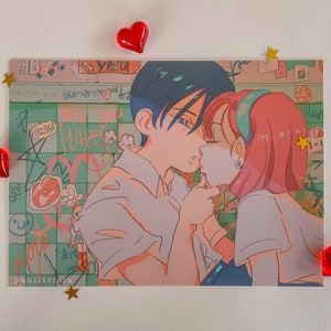 May include: A colourful illustration of a couple embracing. The man has blue hair and is wearing a light blue shirt. The woman has pink hair and is wearing a white shirt. The background is a green and white chequered pattern with graffiti.