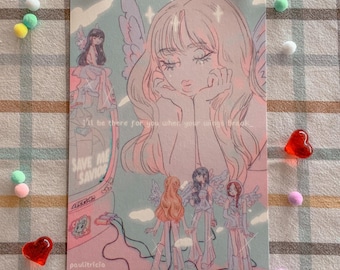 May include: A pink and blue illustration of a girl with angel wings. The girl is looking down with a sad expression. The text "I'll be there for you when your wings break." is written below the girl. The text "Save Me Savior" is written on a screen in the background.
