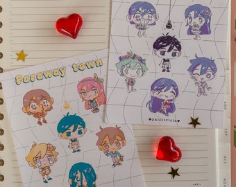 May include: Two sets of stickers featuring cartoon characters. The first set is titled "Faraway Town" and features characters with brown, blonde, and blue hair. The second set is titled "Headspace" and features characters with blue, green, and brown hair.