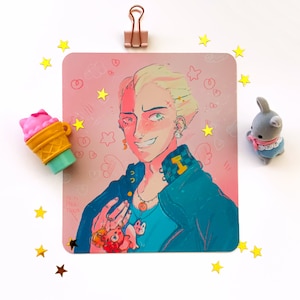 May include: A pink and blue illustration of a person with blonde hair wearing a blue jacket and a blue shirt with a checkered pattern. The person is holding a small pink and white teddy bear. The background is pink with white hearts and stars.
