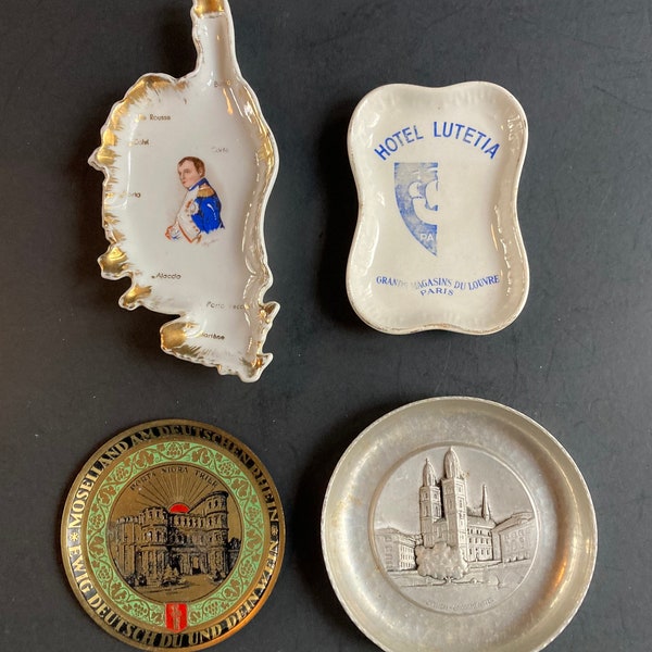 Four Vintage Souvenir Pieces, Napoleon Limoges Corsica, Hotel Lutetia Paris, Porta Nigra Trier Germany, Grossmunster Zurich Switzerland