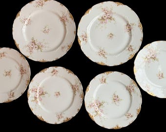 Antique CH. Field Haviland Limoges, France porcelain plates, two dinner plates and four salad plates, scalloped floral style, gold gilt trim
