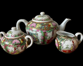 Hand-Painted Rose Medallion Tea Service, Chinese export porcelain, lidded teapot, sugar, creamer, famille rose palette, for decoration only