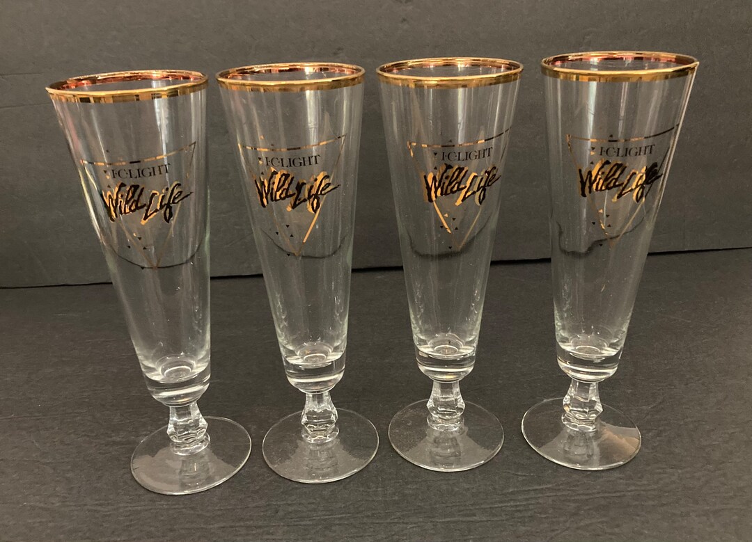 Set of Four I C iron City Light Wild Life Footed Pilsner Glasses, Beer