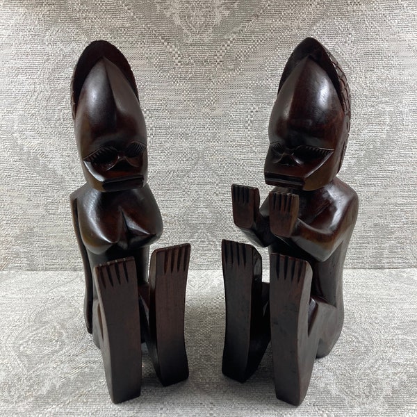 Exquisite Pair of Figurative African Tribal Bookends Depicting a Man and Woman, Hand Carved in Hardwood, Mid Century Modern, 13" Tall