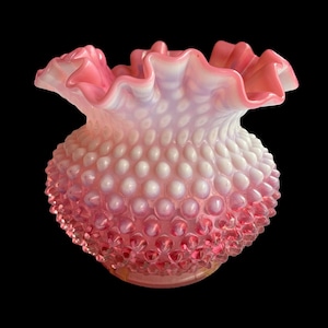 Beautiful vintage Fenton Cranberry Opalescent Hobnail Ball Flower Vase, introduced in 1940, ruffled rim, hobnail pattern, Made in USA
