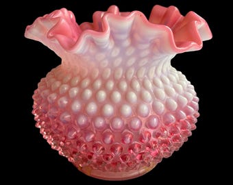 Beautiful vintage Fenton Cranberry Opalescent Hobnail Ball Flower Vase, introduced in 1940, ruffled rim, hobnail pattern, Made in USA