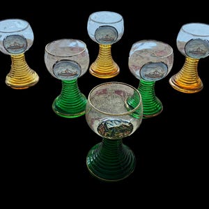Six vintage midcentury modern Römer/Roemer wine goblets sold in sets of 3 (amber or green beehive stems), made in Germany, TS Bremen
