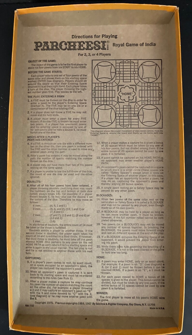 PARCHEESI, A Royal Game of India, Game No. 110 by Selchow and Righter ...