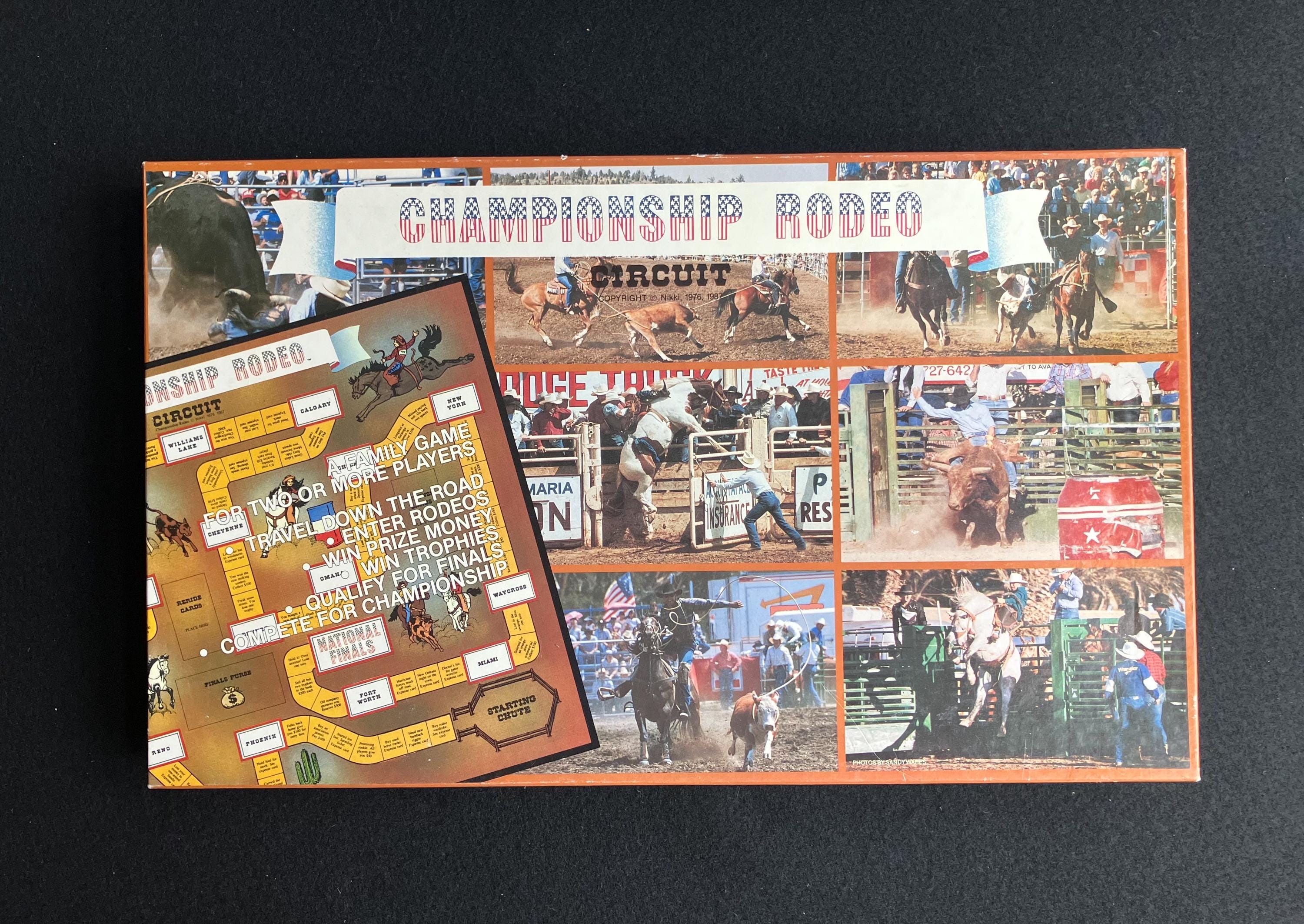 Championship Rodeo Circuit game, c1987, rodeo circuit theme, Calgary, Maria, Fort Worth, entering rodeos, winning prize money and trophies.