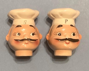 Salt Pepper Shakers Chef Baker Cook Heads Vintage 1965 Flaws Collectible
