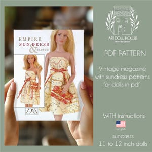 Puede incluir: Un patrón PDF para un vestido de verano vintage y un bolso de mano para muñecas de 28 a 30 cm. El patrón incluye instrucciones en inglés. La imagen muestra dos muñecas con el vestido de verano y el bolso de mano.