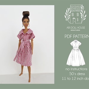 Puede incluir: Patrón PDF para un vestido estilo años 50 para muñecas de 28 a 30 cm. El patrón es para un vestido de rayas rojas y blancas con cuello y cinturón. El patrón es de Ari Doll House Miniatures.