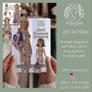 Könnte beinhalten: Ein PDF-Schnittmuster für ein Kleid, einen Hut und eine Tasche im Stil eines Vintage-Magazins für Puppen von 28 bis 30 cm. Das Schnittmuster enthält Anweisungen in englischer Sprache und zeigt ein Kleid mit Blumenmuster.