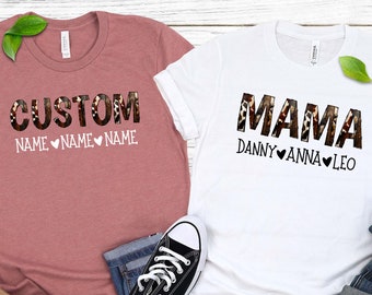 Custom Mama T-Shirt with Kids Names, Cow Print Shirt