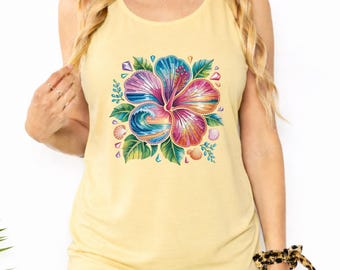 Comfort Colors Hibiscus Beach Tank Top, Tropical Ocean Wave Graphic Shirt