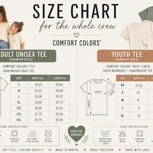 May include: A size chart for Comfort Colors adult and youth t-shirts, featuring a family wearing the shirts, diagrams with width and length measurements in inches, and care instruction icons for machine washing, bleaching, drying, and ironing.