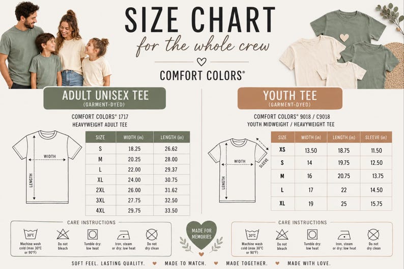 May include: A size chart for Comfort Colors adult and youth t-shirts, featuring a family wearing the shirts, diagrams with width and length measurements in inches, and care instruction icons for machine washing, bleaching, drying, and ironing.
