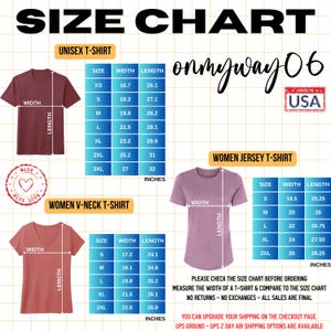K&ouml;nnte beinhalten: Gr&ouml;&szlig;entabelle f&uuml;r Unisex-T-Shirts, Damen-V-Ausschnitt-T-Shirts und Damen-Jersey-T-Shirts. Die Tabelle zeigt die Breite und L&auml;nge in Zoll f&uuml;r jede Gr&ouml;&szlig;e von XS bis 3XL.