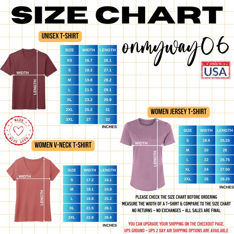 K&ouml;nnte beinhalten: Gr&ouml;&szlig;entabelle f&uuml;r Unisex-T-Shirts, Damen-V-Ausschnitt-T-Shirts und Damen-Jersey-T-Shirts. Die Tabelle zeigt die Breite und L&auml;nge in Zoll f&uuml;r jede Gr&ouml;&szlig;e von XS bis 3XL.