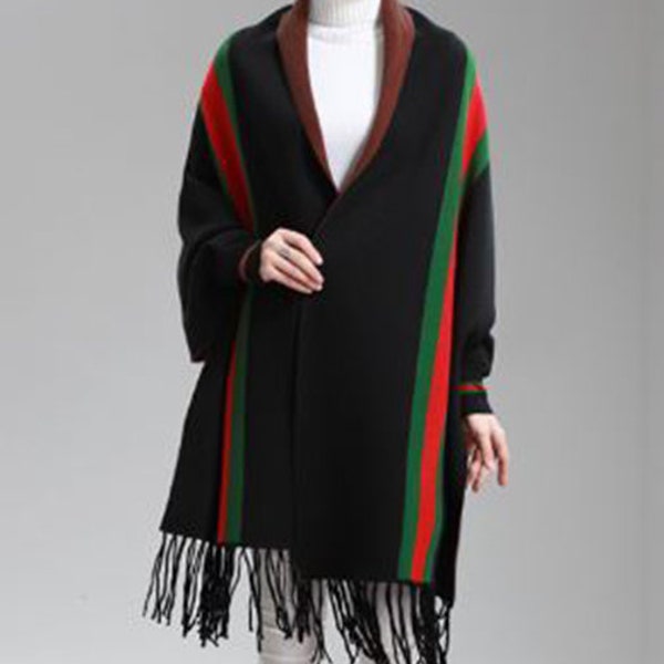 Wool Blend Cape Shawl with Sleeves Black Red Green Women's