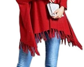 Nouveau pull poncho rouge 100% laine pour femme Taille unique pour tous