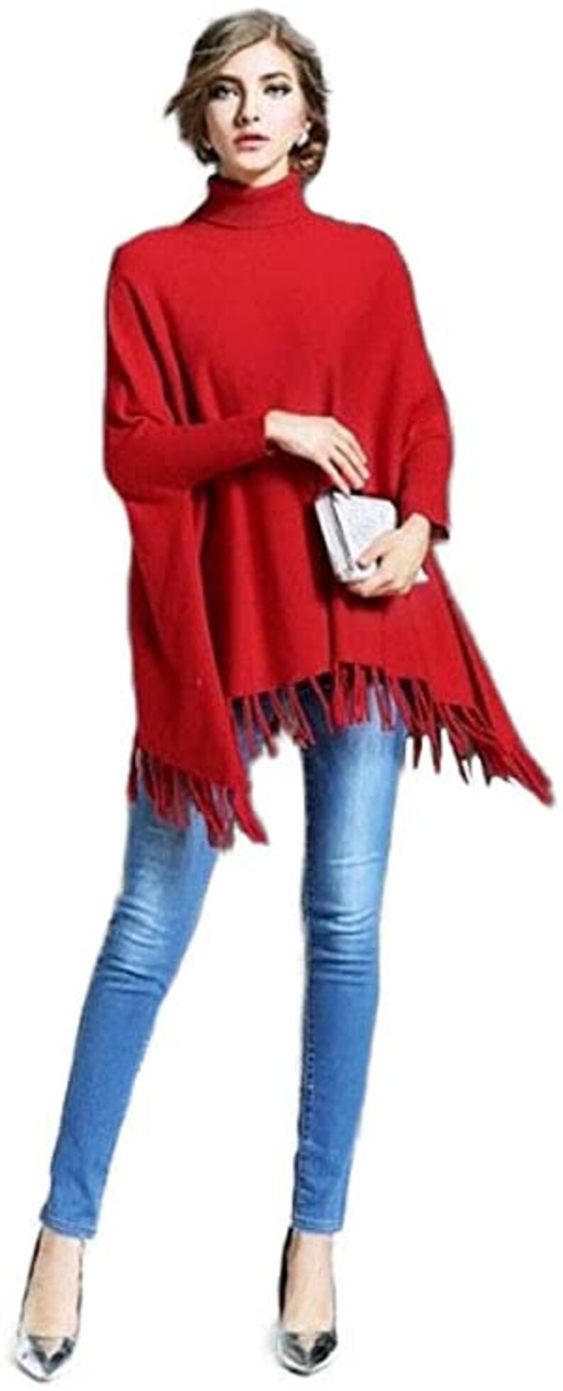 Women's New Red 100% Wool Poncho Sweater One Size Fits All image 1