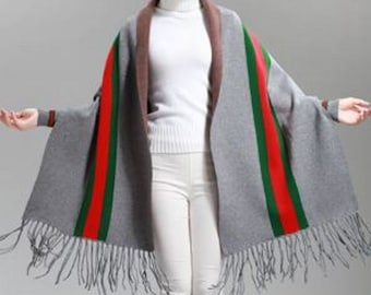 Wool Blend Cape Shawl Wrap with Sleeves Gray Red Green Women's