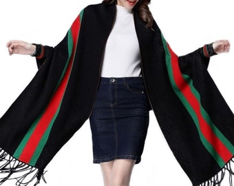 Wool Blend Cape Shawl with Sleeves Black Red Green Women's